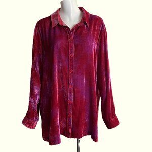 John Mark Velvet Velour Tunic Top XL Button-Front Long Sleeves FLAW Pink Purple